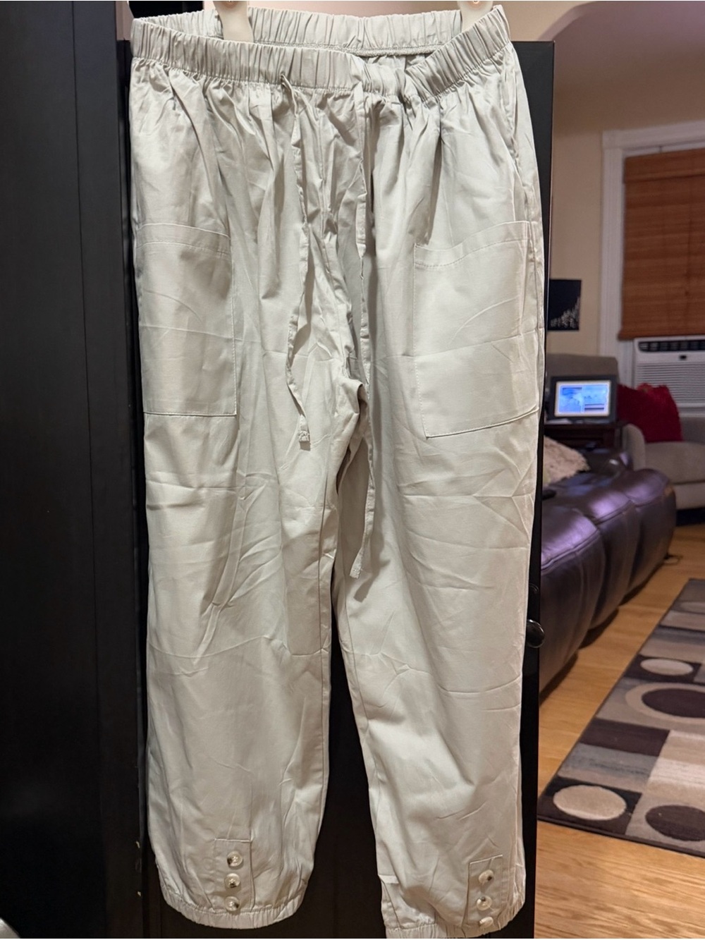 Women's Cream Elastic Waist Drawstring Pants